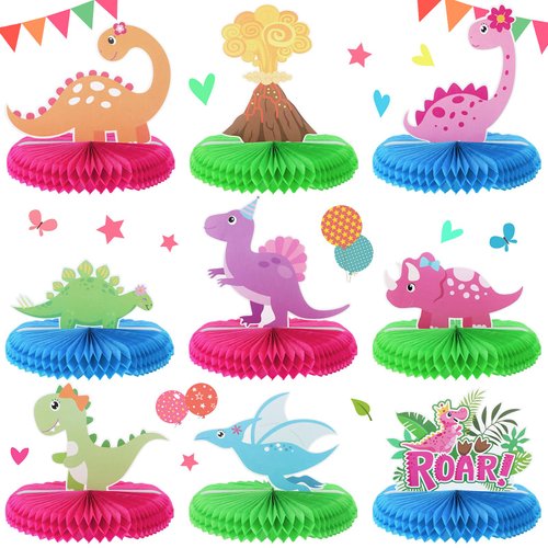 9 Pcs Girl Dinosaur Birthday Party Supplies Pink Dinosaur Honeycomb Centerpiece Table Decorations...