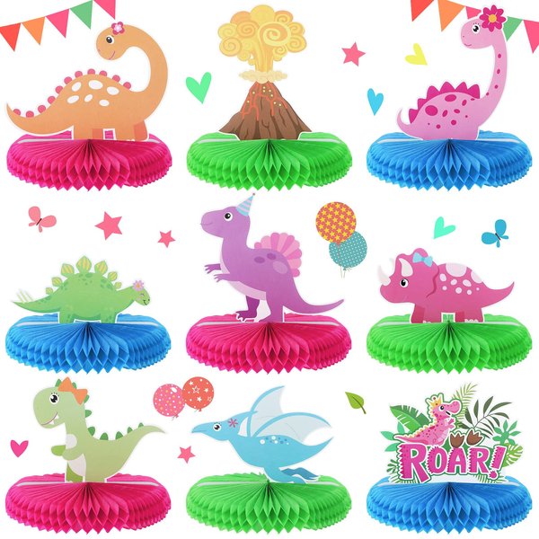 9 Pcs Girl Dinosaur Birthday Party Supplies Pink Dinosaur Honeycomb Centerpiece Table Decorations Happy Dino Volcano Theme Party Table Toppers for Kids Baby Shower Decor