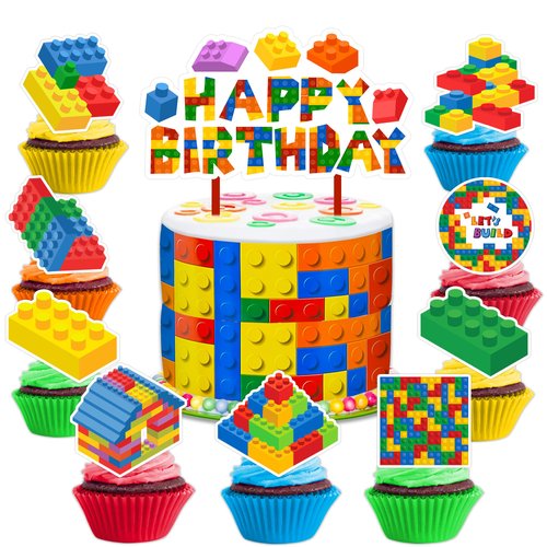 25 PCS Building Blocks Block Theme Happy Themed Birthday Party Cake Topper Cupcake Toppers Favors Supplies Decorations Decor Construction Gifts for Games Boys Girls Kids Baby Shower Rewards Carnival
