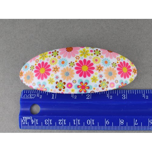 Pink white yellow barrette floral oval plastic curved hair clip 3.25 inches long 1.25 inches wide daisy flowers