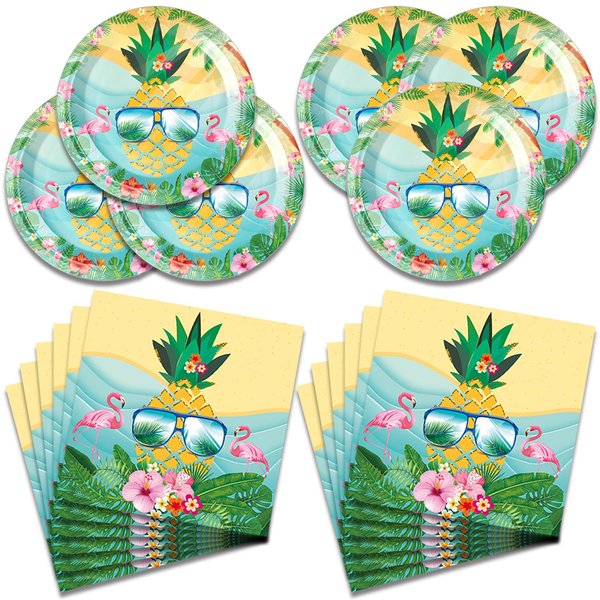 Generic Pineapple party supplies, Summer party plates and napkins, Hawaiian themed decorations suitable for summer birthday beach pool party serves 20 people