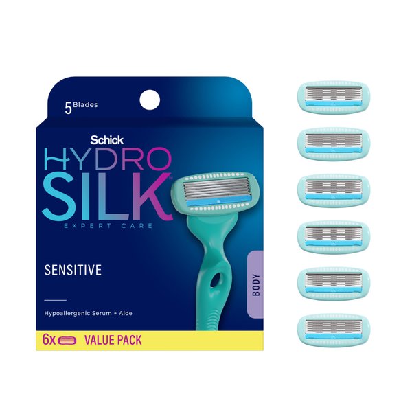 Schick Hydro Silk Sensitive Razor Blade Refills, 6 Count | 5-Blade Sensitive Skin Razors for Women | Womens Razor Refills for Sensitive Skin