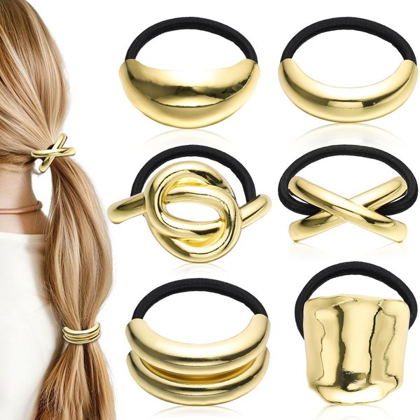 obeoby 6 PCS Metal Hair Ties, Gold Hair Cuffs Ponytail Cuff Hair Elastic Gold Hair Accessories for Women