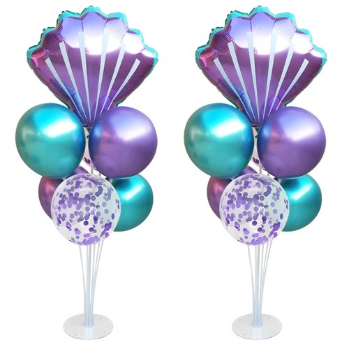 Mermaid Table Centerpiece Balloons Stand Kit 2 Sets with 2 Sea Shells Foil Balloons 14 Purple Blue Latex Balloons for Birthday Beach Mermaid Theme Sea Theme Party Mermaid Birthday Decorations