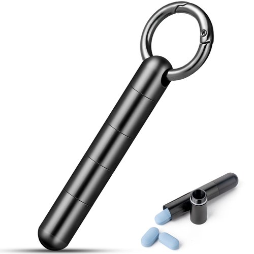 TISUR Keychain Pill Holder,Titanium Pill Case Portable Waterproof Pill Organizer Black Vitamin Container, EDC Pill Box Pill Bottle for Pocket Purse Daily Travel Outdoor（Long Tiny Pill Case Black）