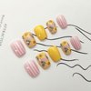 Press on Nails Short Square Fake Nails Sunflowers Glue on Nails Yellow & Light Pink Full Cover Acrylic Nails White Lines False Nails Glossy & Spring Stick on Nails for Women 24Pcs
