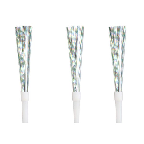 Unique Prismatic Horns (6 Count) - Eye-Catching Design & Dazzling Silver Plastic Party Horns, Perfect For Celebrations, Birthdays & New Year's