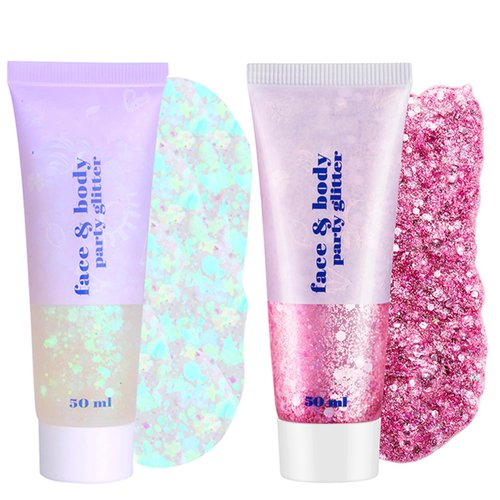 CCbeauty White+Pink Body Glitter,Face Glitter Gel,Singer Concerts Music Festival Rave Accessories,Sequins Glitter Face Paint,Chunky Glitter for Eye Lip Hair,Sparkling Holographic Gel for Women,50ml