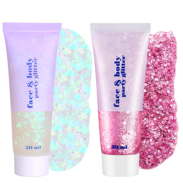 CCbeauty White+Pink Body Glitter,Face Glitter Gel,Singer Concerts Music Festival Rave Accessories,Sequins Glitter Face Paint,Chunky Glitter for Eye Lip Hair,Sparkling Holographic Gel for Women,50ml