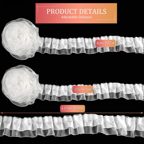 10 Yard 2-Layer Organza Lace Ribbon Pleated Satin Organza Lace Edge Gather Ruffle Trim Ribbon Vintage White Edging Trimmings Fabric for Applique Sewing Craft Wedding Dress Embellishment DIY Decor