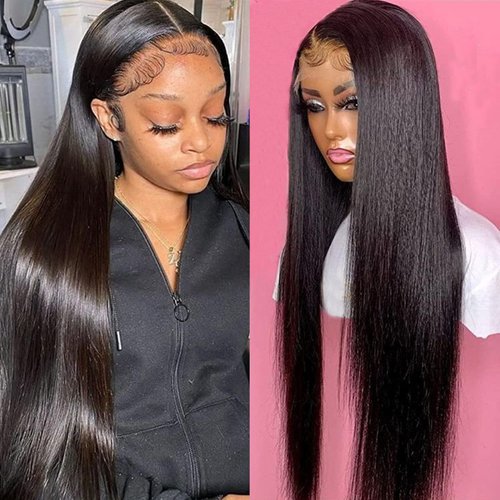 TaBeWay Long Straight Black Synthetic Lace Front Wigs Glueless Pre Plucked Light Yaki HD Lace Wigs with Baby hair for Black Women 32inch Natural Hairline