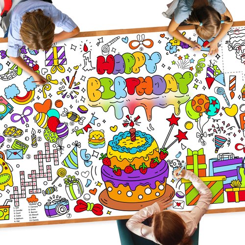 DDMY Happy Birthday Tablecloth Giant Coloring Poster, 72 x 35.5 Inch Drawing Paper for Kids Coloring Tablecloth for Classroom Wall/Kids Party/School Events Decoration DIY Table Cover Poster for Kids