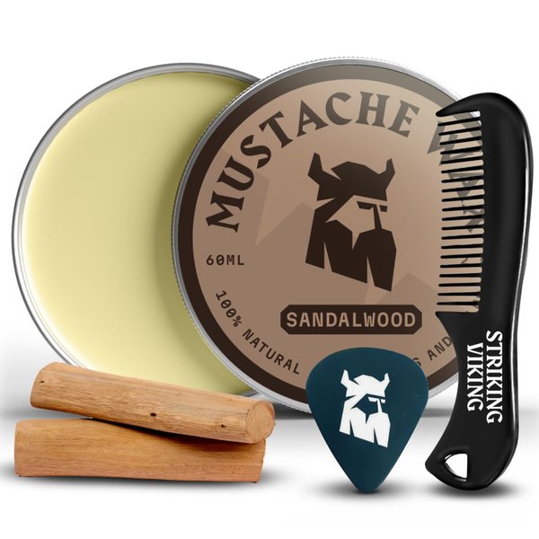 Striking Viking Mustache Wax & Comb Kit - Beard & Moustache Wax For Men With Strong Hold Natural Beeswax - Helps Tame Style & Groom (Sandalwood Scent, 2 Ounce Size) - Mustache Styling Wax - Mens Comb