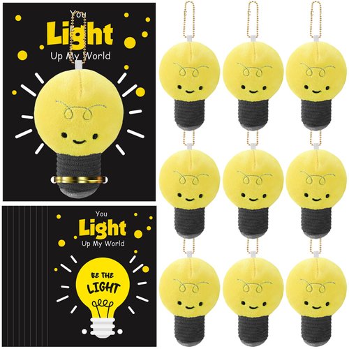 Gemscream 12 Sets Light Bulb Plush Toy Squeeze Stress Balls with 12 You Light up My World Greeting Cards 12 Lights Plush Key Chain Lightbulb Stuffed Toy for Classroom Exchange (Yellow)