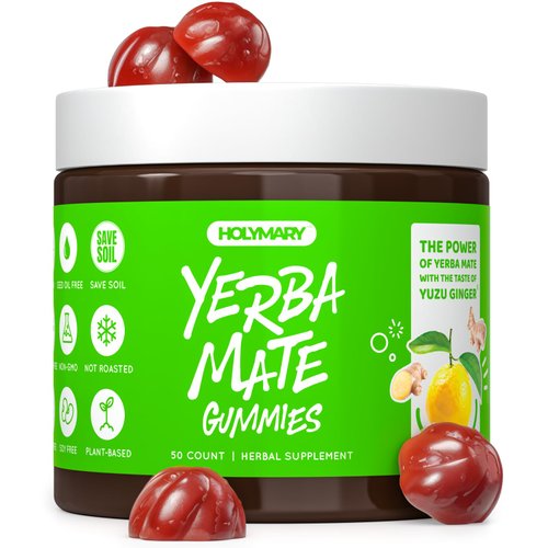 Yerba Mate Gummies - Yuzu & Ginger Flavor for Energy, Focus, Immunity & Cardio Health | Vegan, Non-GMO, Gluten-Free - 50 Natural Supplement Gummies