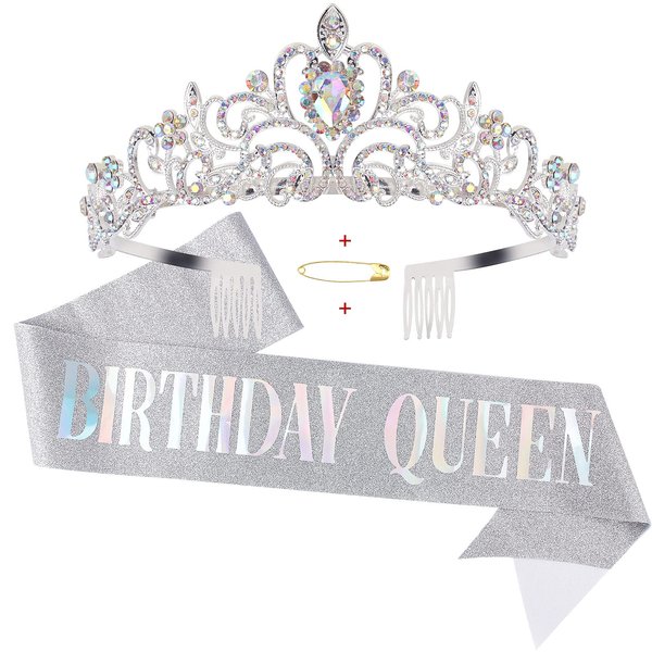 Casoty Birthday Queen Sash & Rhinestone Tiara Set, AB Rhinestones Birthday Crowns for Women, Happy Birthday Queen Tiara for Women with Comb, Birthday Tiara for Women, Birthday Sash and Tiara for Women