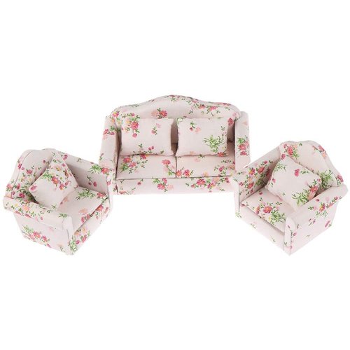 Dollhouse Furniture Set 3 Pcs 1:12 Dollhouse Miniature Wooden Sofa Cushions Armchair Pillow Kit Dolls House Furniture Couch with 1 Pc Dollhouse Teatable Coffee Table (A)