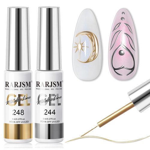 RARJSM Metallic Gel Liner Nail Art Silver Bronze Gold 2pcs Set Mirror Chrome 3D Effect Gel Nail P...