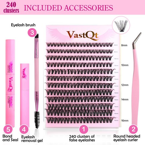 VastQt DIY Lash Extension Kit 240 Pcs Lash Clusters Lash Bond and Seal Applicator Tool for Eyelash Extensions (D curl 40P 8-16 MIX)