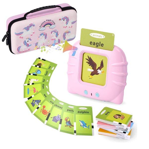 Preschool Audible Talking Flash Cards Electronic Early Education Machine with 112pcs Cards Double-Side Sight Words Learning Resource Interactive Toys Flashcard Toddlers Age 1-6 Years Gift Box (Pink)