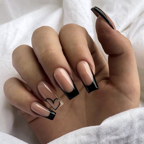 24Pcs Black French Tip Press on Nails Medium Length Square Fake Nails Nude Pink Full Cover Artificial Acrylic False Nails French Tip Press on Nails with Heart Design Stick on Nails for Women Girls