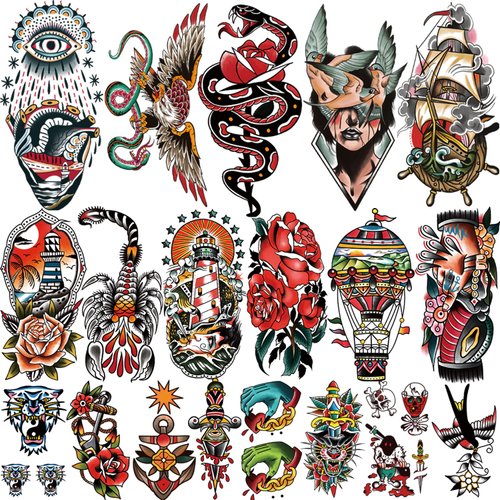 77 sheets Classic Temporary Tattoos Adult, Old School Tattoos Stickers, Sailor Jerry Style Fake Tattoo, American Traditional Flower Rose Arm Temporary Tattoos for Women Men Kids