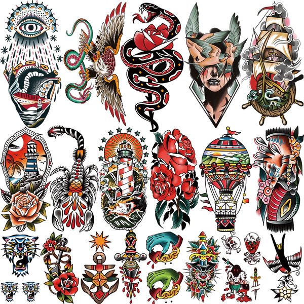 77 sheets Classic Temporary Tattoos Adult, Old School Tattoos Stickers, Sailor Jerry Style Fake Tattoo, American Traditional Flower Rose Arm Temporary Tattoos for Women Men Kids