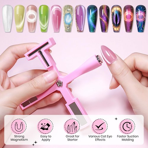 SUPWEE Pink 5 in 1 Nail Magnet Tool for Cat Eye Gel Nail Polish Multi-Function Magnetic Stick for Nails Strong Magnetism for 9D Strip Galaxy Cat Eye Nail Art Design DIY Home Manicure