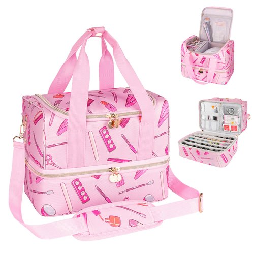 Jaffzora Nail Polish Organizer Case, Double Layers Nail Organizers and Storage, Holds 40 Bottles Gel Nail Polish&Nail Lamp, Travel Nail Supplies Carrying Bag for Nail Art Tech & Manicure Tools,Pink