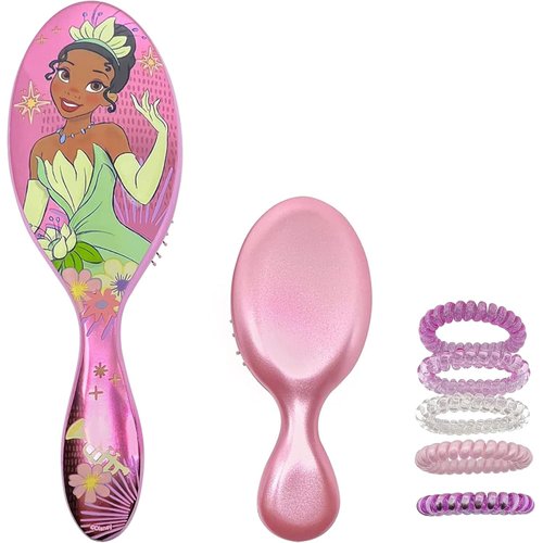 Wet Brush Princess Tiana Original Detangler Big & Small, 5 Ouchless Ponytailers hair ties - All Hair Types - Ultra-Soft - Comb For Kids Men, Women, Boys & Girls