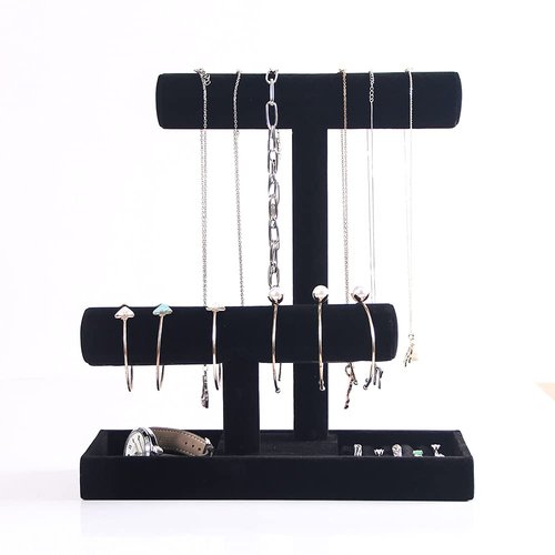 Coward 2 Tier Necklace Bracelet Holder Organizer With ring Tray, Multi-use Jewelry Display Stand For Necklace Bracelet Bangle Watch Scrunchie (black velvet)