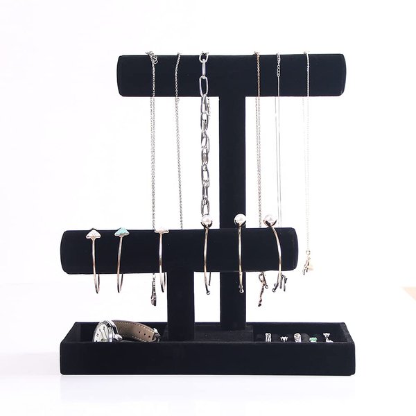 Coward 2 Tier Necklace Bracelet Holder Organizer With ring Tray, Multi-use Jewelry Display Stand For Necklace Bracelet Bangle Watch Scrunchie (black velvet)