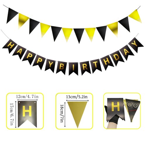 Black Happy Birthday Banner with Pennant Banner Flags, Black Gold Happy Birthday Sign, Black Birthday Party Decorations, Bunting Banner with Shiny Gold Letters, DIY Party Supplies (Black)