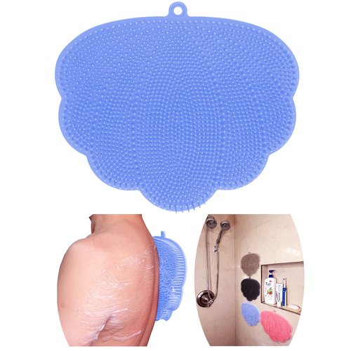 WeUse OurBSHF Back Scrubber Hands-Free for Shower. Easy to Clean Big Flat Silicone Back Washer Foot Massager Body Brush Replace Loofah Sponge. Stick to Wall to Scrub, Hang on Hook to Dry (Blue)