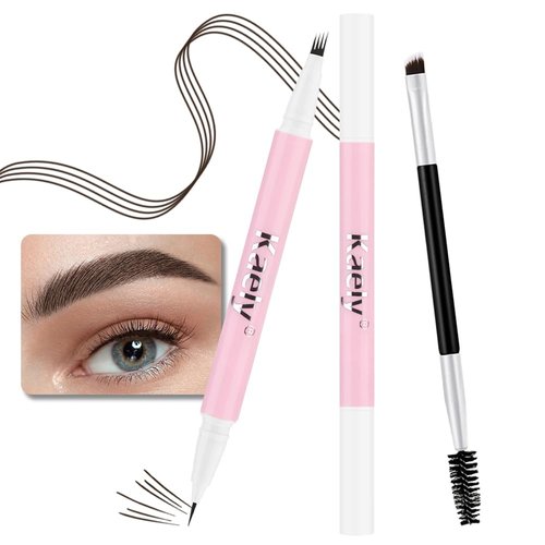 1 Pcs Black Brown Magic Microblading Eyebrow Contouring Pen Brow Pencil, 2-in-1 Eyebrow Pencil with Brow Brush, Dual-ended Eyebrow Brush, Hair Like Strokes, Natural Looking Eye Brow for Women, 03