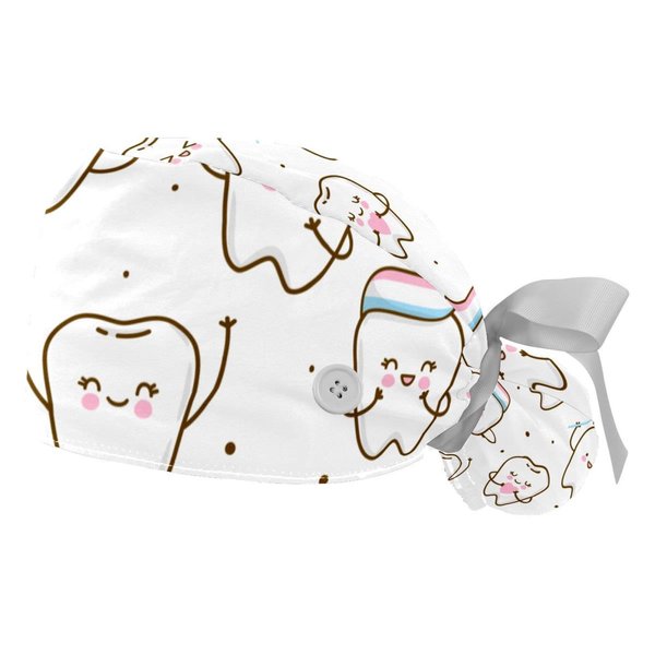 Niaocpwy Cute Teeth Dental Design Working Cap with Buttons Long Hair Elastic Ribbon Tie Back Hat for Women