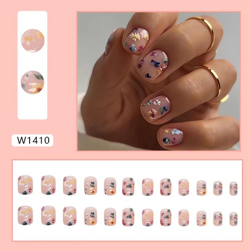 Extra Short Press on Nails Square Fake Nails Flower Designs - LPOODDNU 24 Pcs Spring False Nails Cute Small Acrylic Press on Nails Stick on Nails Reusable Artificial Nails for Women Manicure Supplies