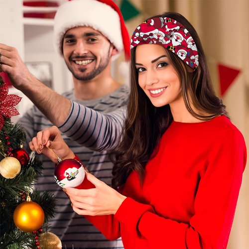 4 Pcs Christmas Headbands for Women, Wide Turban Dress Up Costume Stretchy Breathable Non Slip Head Wrap, Santa Claus Gingerbread Man Snowman Holiday Fall Winter Hair Band for Yoga Running Party