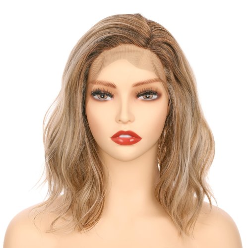 Onedor Shoulder Length Lace Front Short Wavy Hair Bob Wigs for Women (Dark Natural Blonde Blended & Pale Golden Blonde with Dark Roots-OT8/386/624)