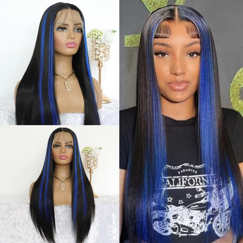 MACA BAKA Highlight Blue Long Straight Synthetic Lace Front Wig Glueless Colored Skunk Stripe Blue Mixed Black 13x4 Lace Front Wigs for Women Pre Plucked with Baby Hair 24 Inches 150 Density