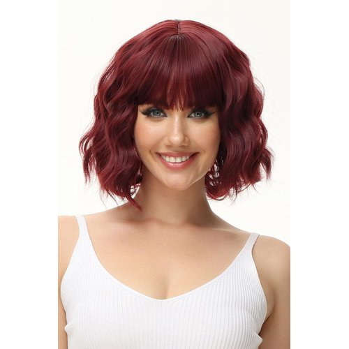 Rose bud Wavy Bob Wig with Bangs Natural Wine Red Wig Synthetic Hair Shoulder Length Short Curly Wigs for Women