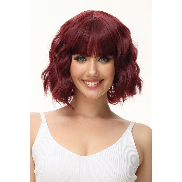 Rose bud Wavy Bob Wig with Bangs Natural Wine Red Wig Synthetic Hair Shoulder Length Short Curly Wigs for Women