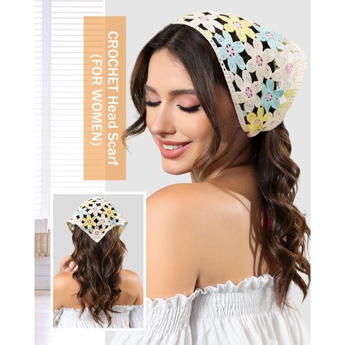 AWAYTR Crochet Head Scarf Hair Bandanas for Women Knit Bandana Headband Scarf Tie-Back Head Coverings Floral Headscarf for Girls (Orange + Blue + Yellow)