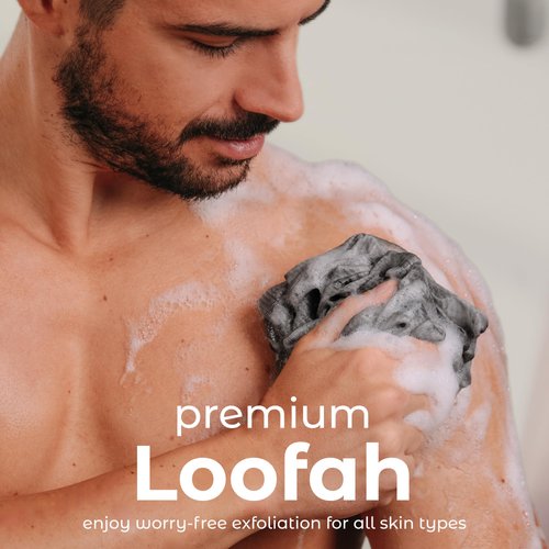 MainBasics Charcoal Infused Bath Shower Loofah Sponge Pouf Body Wash Scrubber (Set of 3)