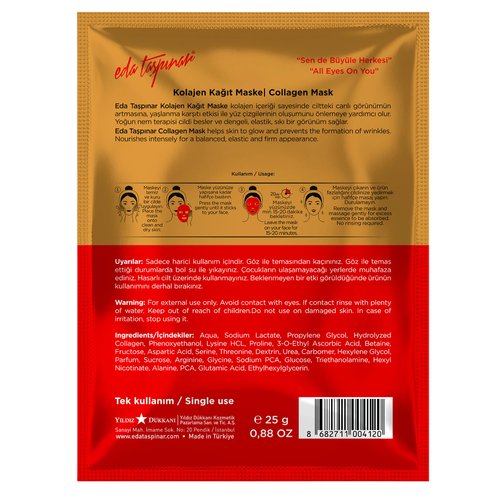 Eda Taspinar Face Mask, Collagen, Deep Moisture, Youth Looking, Minimizes Fine Lines&Age Spots, All Eyes On You! (25 ml/0.85 fl oz) 5 Pack