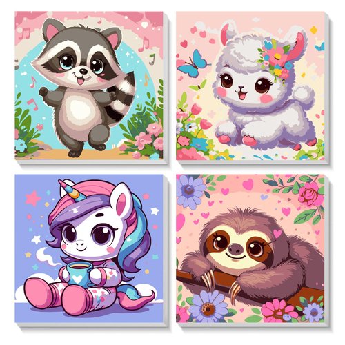 CraftyTime 4 Pack Framed Paint by Number for Kids Age 8-12 Kids, Cute Animals Paint by Numbers Kit for Beginners,Easy Acrylic Paint by Numbers Canvas Arts and Crafts for Wall Decor Gift 8x8in