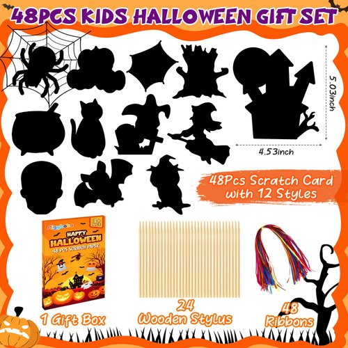 Halloween Crafts Kit for Kids, 48 Pcs Magic Scratch Off Cards Paper Hanging Set, Halloween Party Favors Gifts Ornaments for Kids Halloween Party Games Classroom DIY Activity Art Craft Supplies