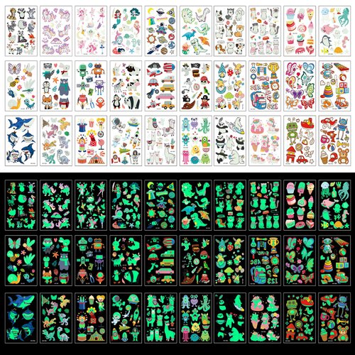 Zayvor Temporary Tattoos For Kids, 400pcs Glow In The Dark Tattoos,Assorted Cartoon Luminous, U ni cor, Mermaid Butterfly Animal Dinosaur Pirate Space Fake Tattoo, Boys Girls Party Favor Supplies