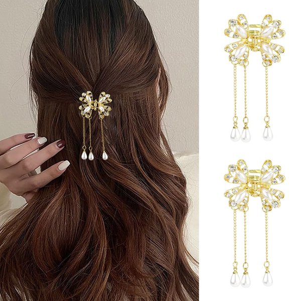 AHONEY 2 Pcs Small Metal Hair Clips, Gold Hair Claw Clips for hair with Tassels, Hair Accessories for Women and Girls Gifts (Floral)
