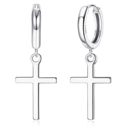 Milacolato S925 Sterling Silver Cross Hoop Earrings 18K White Gold Plated Minimalist Dangle Cross Huggie Cuff Earrings Hypoallergenic Lightweight Trendy Cross Hoop Earrings for Men Women